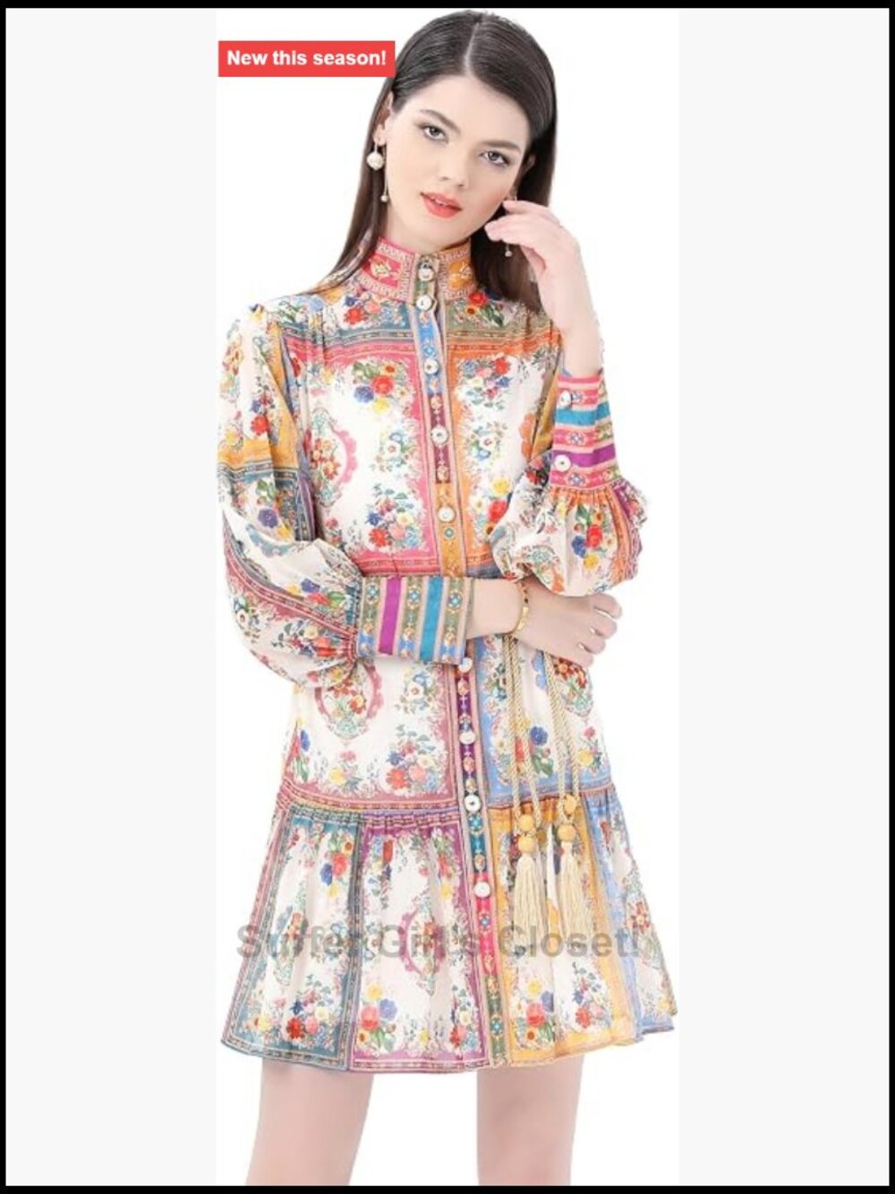 Women's Floral Print Lantern Sleeve Ruffle Belted Thin Mini Dress A-Line